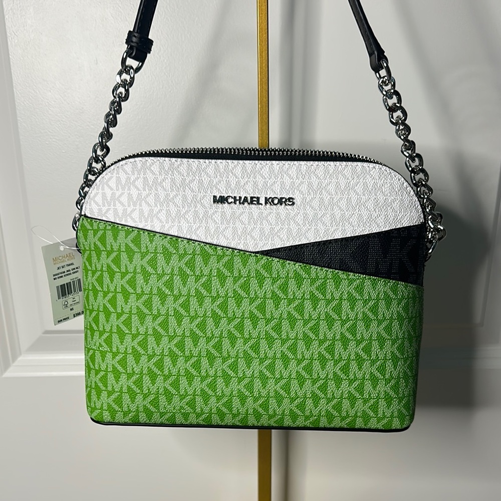 NWT Michael Kors Green and Black Jet Set Crossbody Bag with Monogram Design